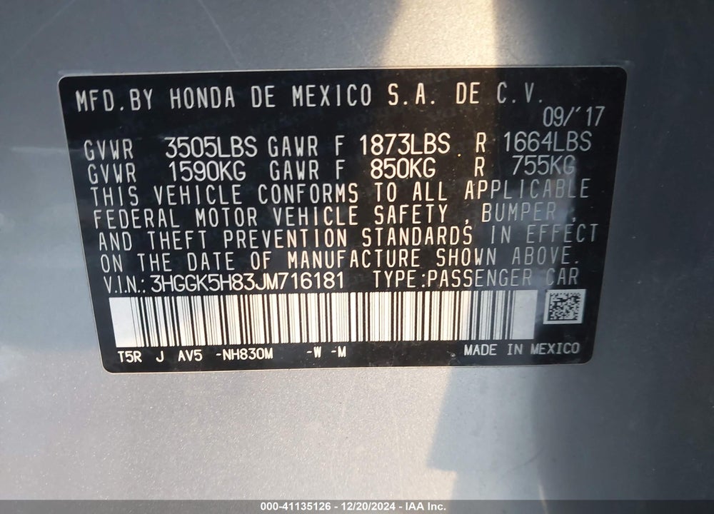 2018 HONDA FIT EX VIN: 3HGGK5H83JM716181