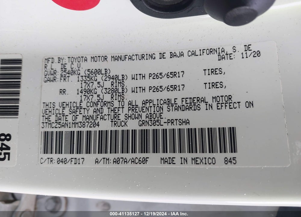 2021 TOYOTA TACOMA TRD SPORT VIN: 3TMCZ5AN1MM387204