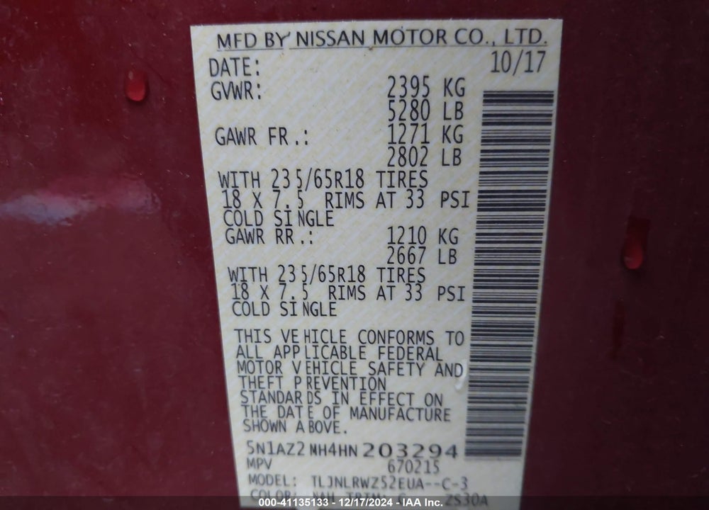 2017 NISSAN MURANO SL VIN: 5N1AZ2MH4HN203294
