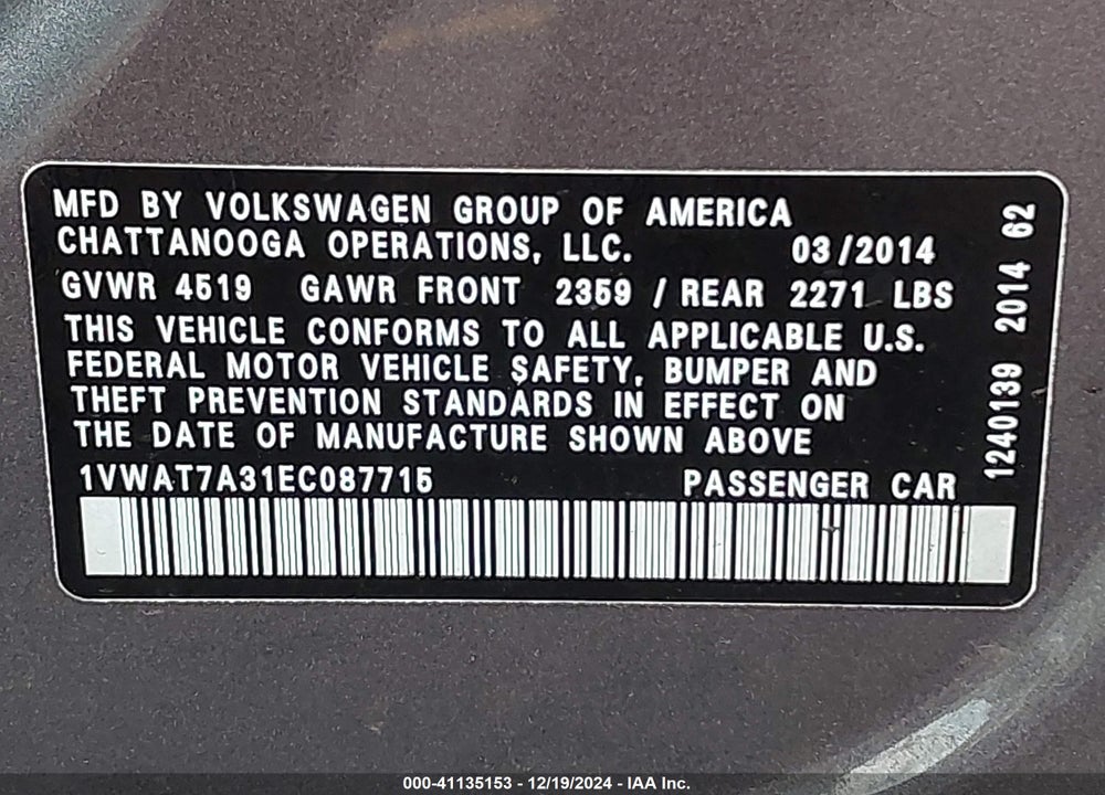 2014 VOLKSWAGEN PASSAT 1.8T S VIN: 1VWAT7A31EC087715