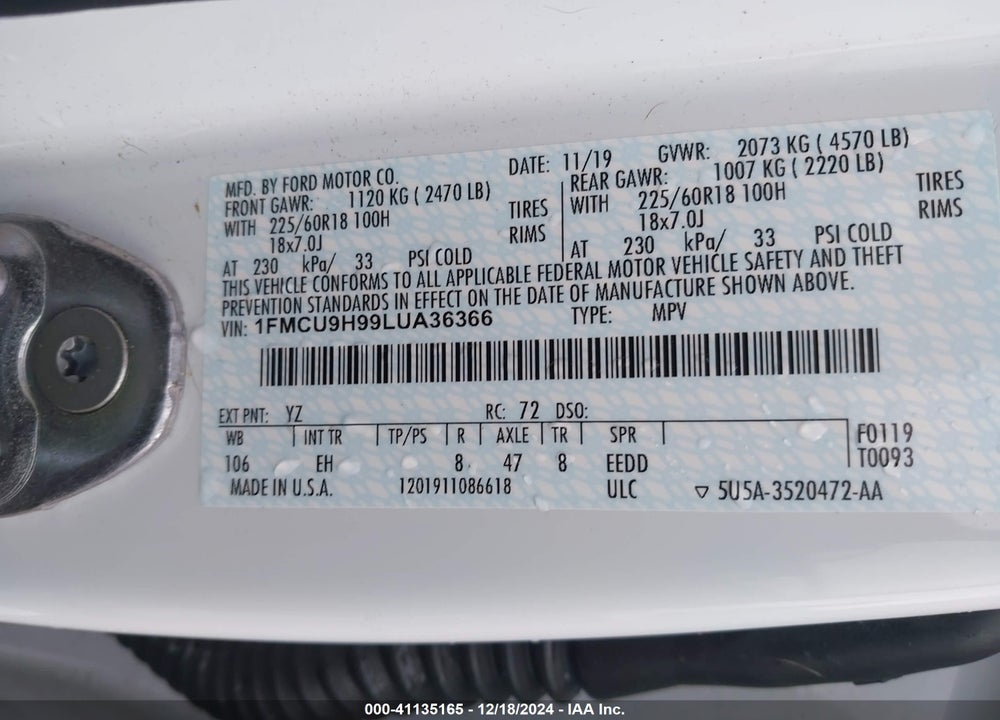 2020 FORD ESCAPE SEL VIN: 1FMCU9H99LUA36366