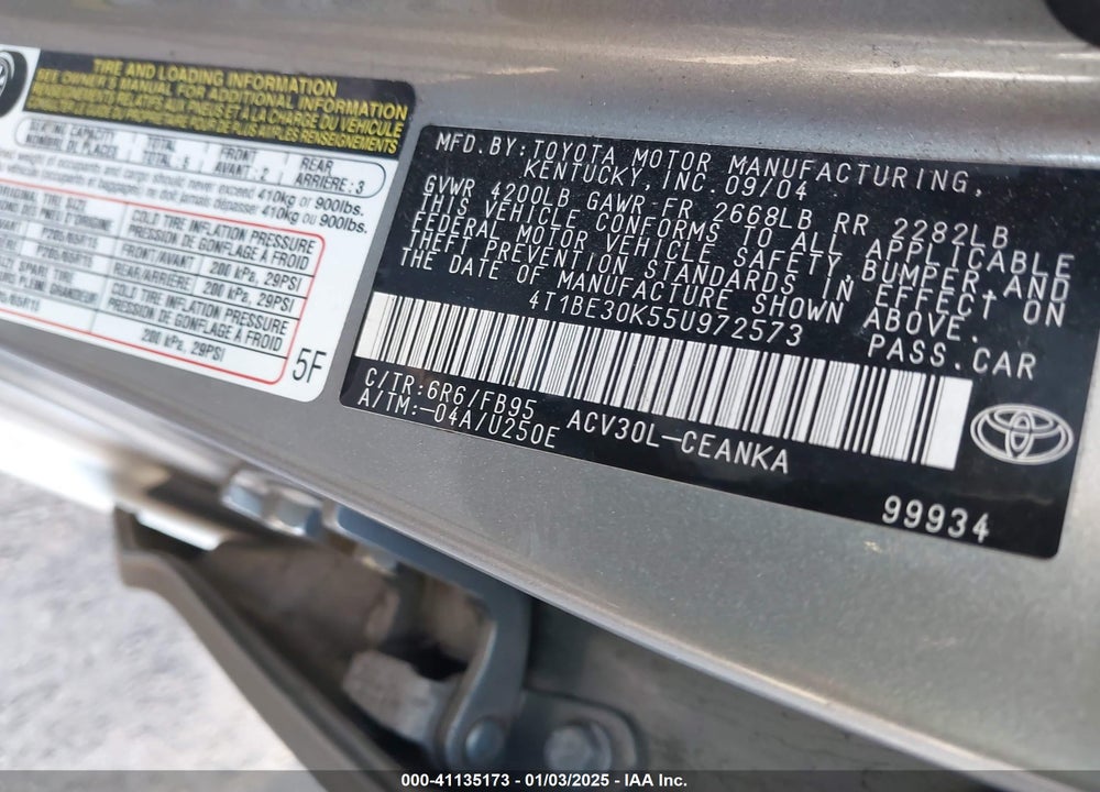 2005 TOYOTA CAMRY LE VIN: 4T1BE30K55U972573