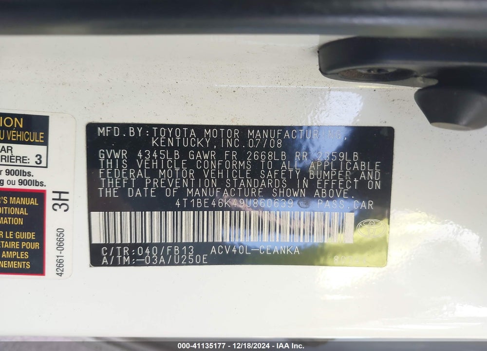 2009 TOYOTA CAMRY LE VIN: 4T1BE46K49U860639