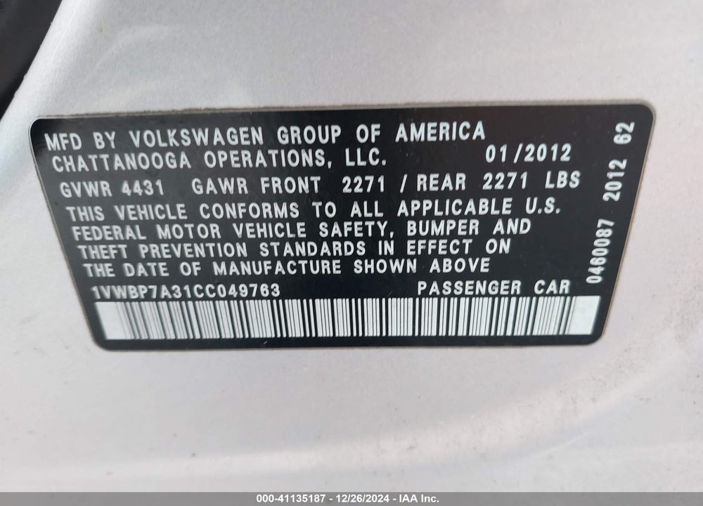 2012 VOLKSWAGEN PASSAT VIN: 1VWBP7A31CC049763