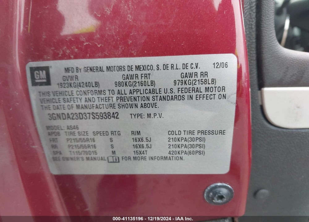 2007 CHEVROLET HHR VIN: 3GNDA23D37S593842