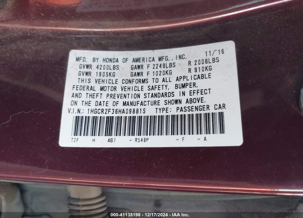 2017 HONDA ACCORD LX VIN: 1HGCR2F36HA098815
