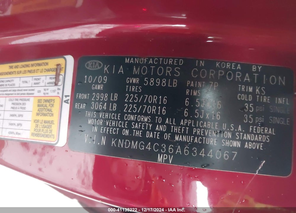2010 KIA SEDONA LX VIN: KNDMG4C36A6344067