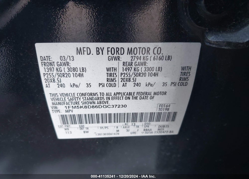 2013 FORD EXPLORER XLT VIN: 1FM5K8D86DGC37230