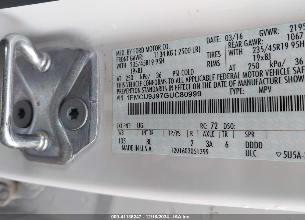 2016 FORD ESCAPE TITANIUM VIN: 1FMCU9J97GUC80999