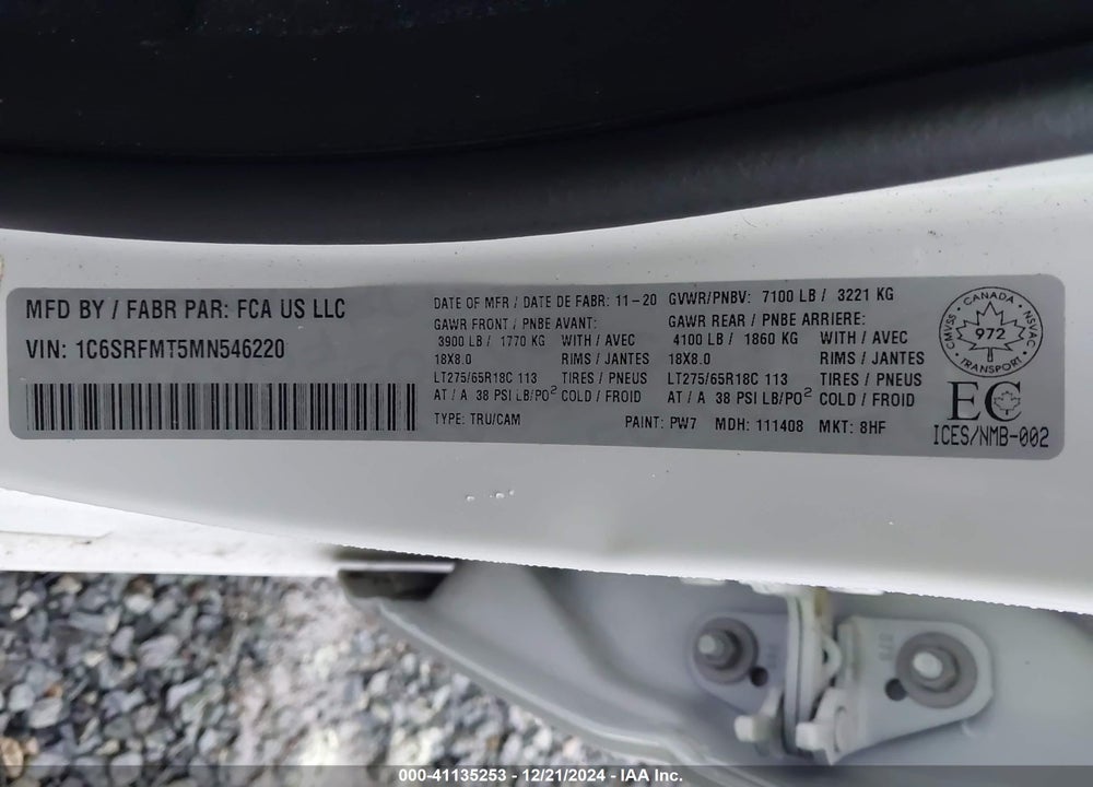 2021 RAM 1500 BIG HORN VIN: 1C6SRFMT5MN546220