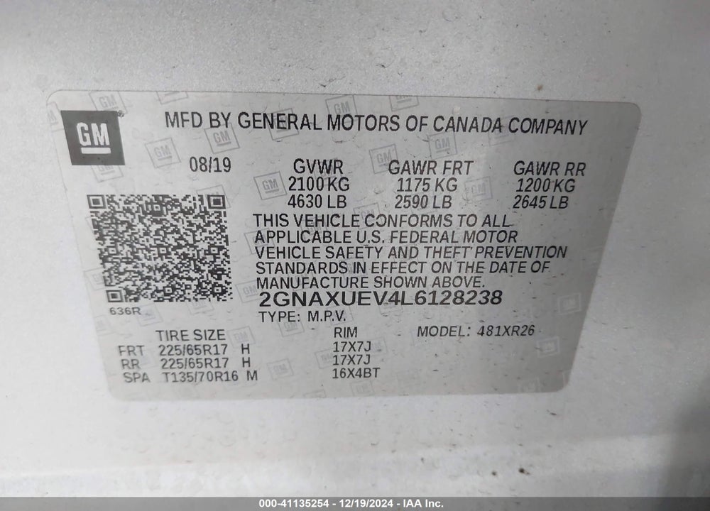 2020 CHEVROLET EQUINOX AWD LT 1.5L TURBO VIN: 2GNAXUEV4L6128238