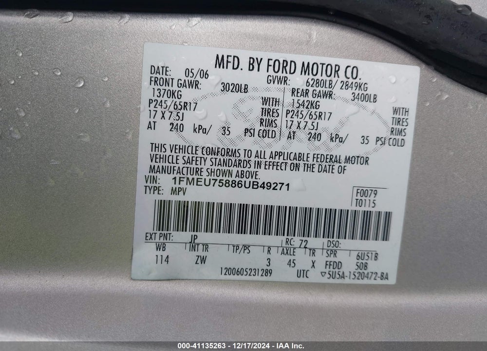 2006 FORD EXPLORER LIMITED VIN: 1FMEU75886UB49271