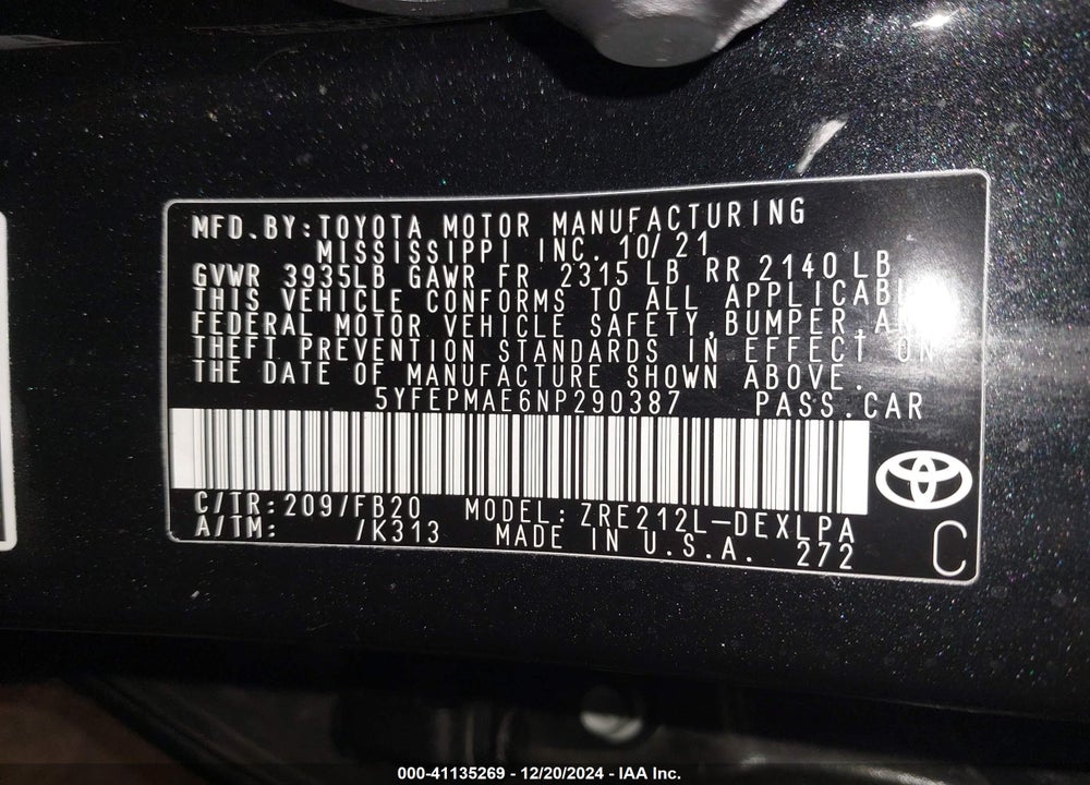 2022 TOYOTA COROLLA LE VIN: 5YFEPMAE6NP290387