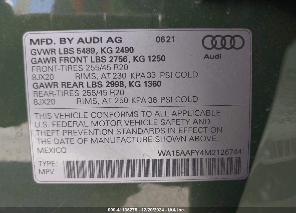 2021 AUDI Q5 SPORTBACK PREMIUM PLUS 45 TFSI QUATTRO S TRONIC VIN: WA15AAFY4M2126744