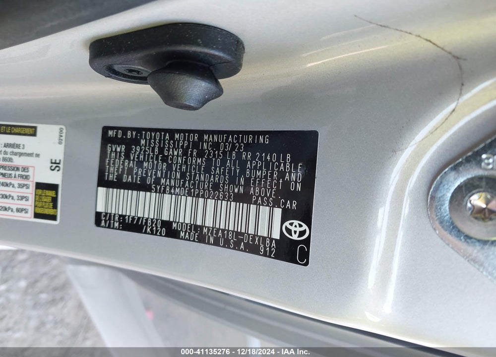 2023 TOYOTA COROLLA VIN: 5YFB4MDE1PP022633