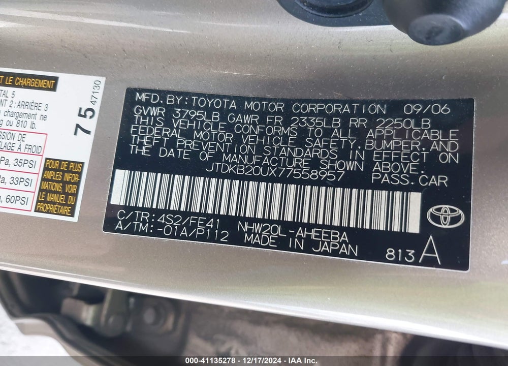 2007 TOYOTA PRIUS VIN: JTDKB20UX77558957
