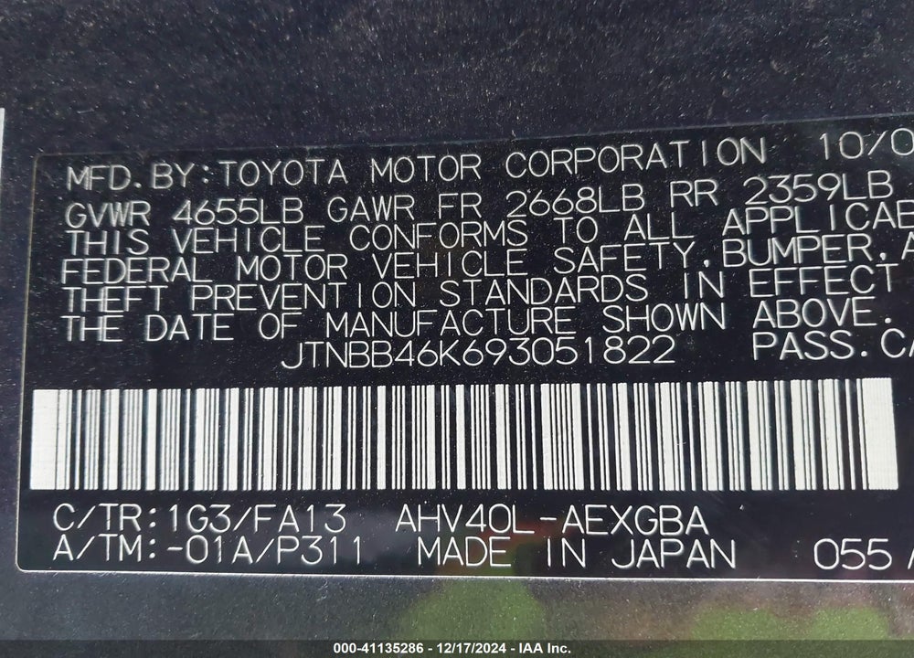 2009 TOYOTA CAMRY HYBRID VIN: JTNBB46K693051822