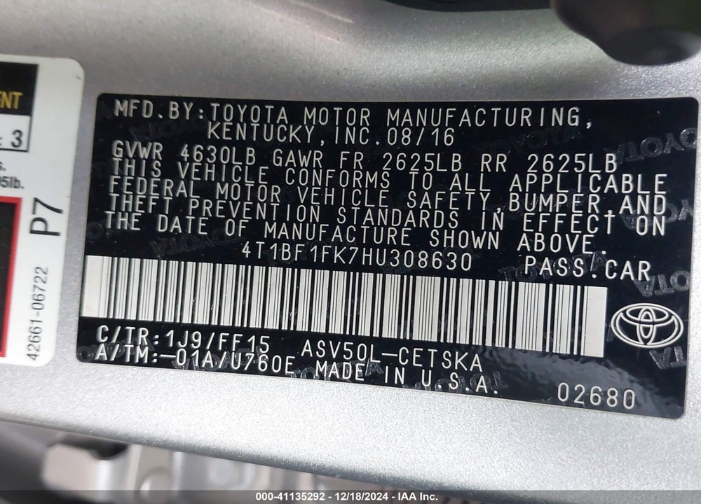 2017 TOYOTA CAMRY VIN: 4T1BF1FK7HU308630