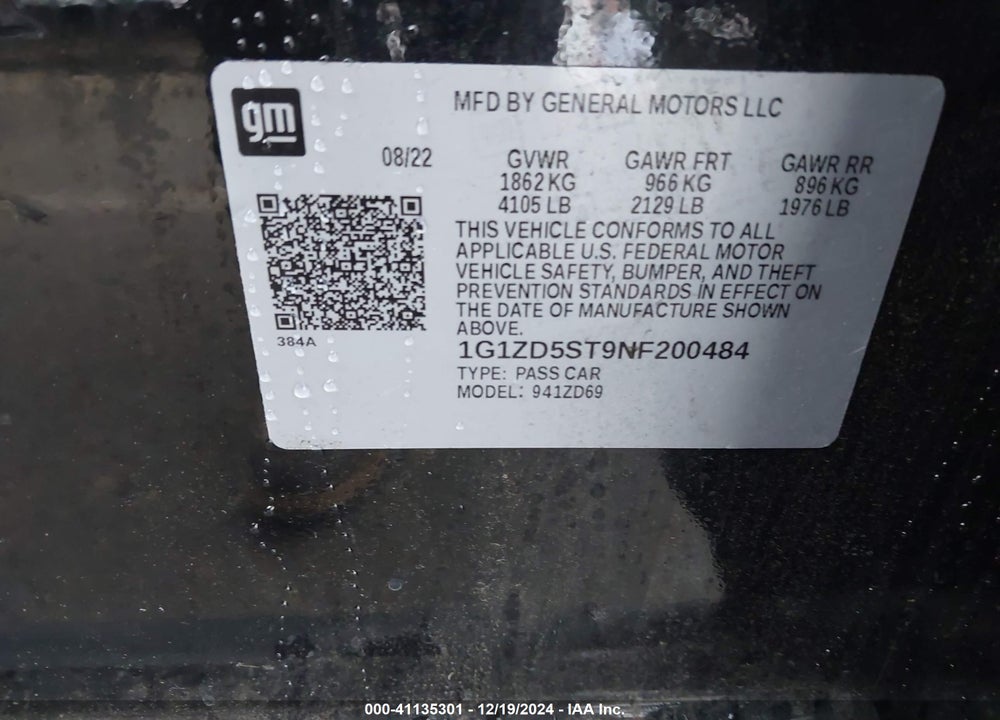 2022 CHEVROLET MALIBU FWD LT VIN: 1G1ZD5ST9NF200484