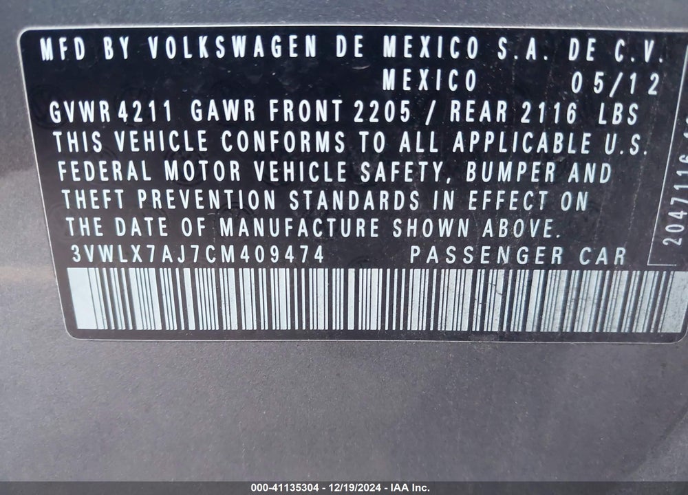 2012 VOLKSWAGEN JETTA VIN: 3VWLX7AJ7CM409474