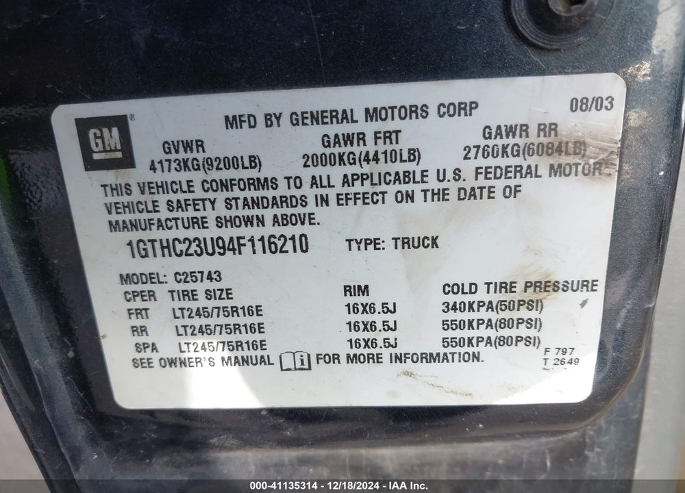 2004 GMC SIERRA 2500HD SLE VIN: 1GTHC23U94F116210