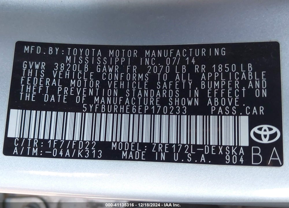 2014 TOYOTA COROLLA S PLUS VIN: 5YFBURHE6EP170233