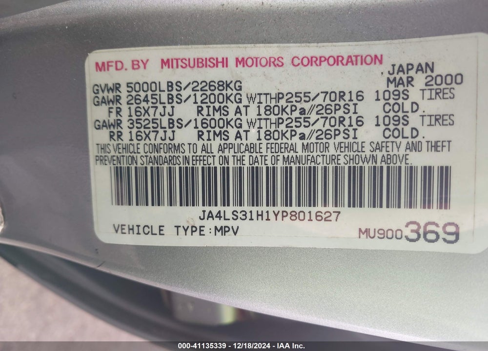 2000 MITSUBISHI MONTERO SPORT LS/XLS VIN: JA4LS31H1YP801627