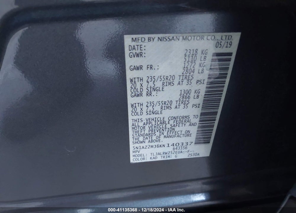 2019 NISSAN MURANO SL VIN: 5N1AZ2MJ6KN140337