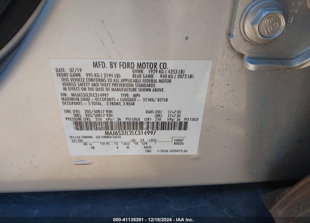 2020 FORD ECOSPORT SES VIN: MAJ6S3JL2LC314997
