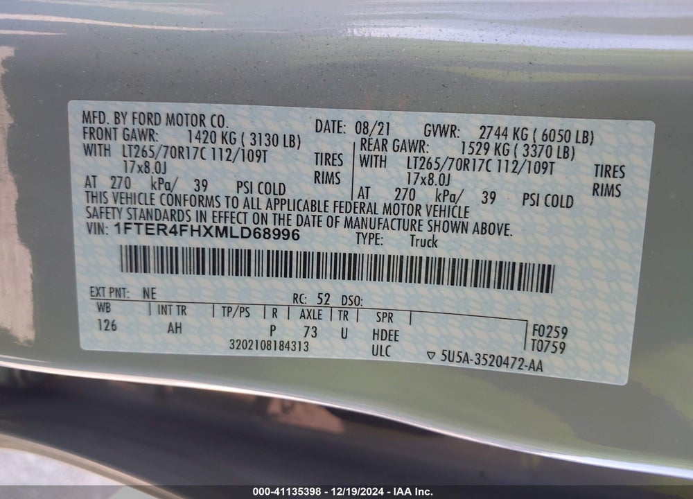 2021 RANGER FORD  XLT VIN: 1FTER4FHXMLD68996