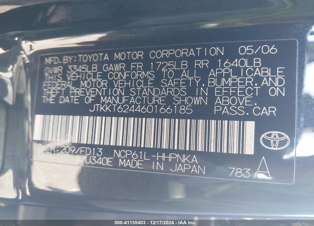 2006 SCION XA VIN: JTKKT624460166185