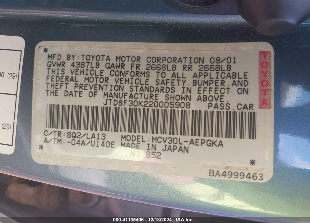2002 TOYOTA CAMRY XLE V6 VIN: JTDBF30K220005908