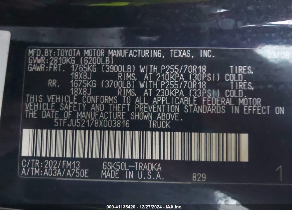 2008 TOYOTA TUNDRA BASE V6 VIN: 5TFJU52178X003816