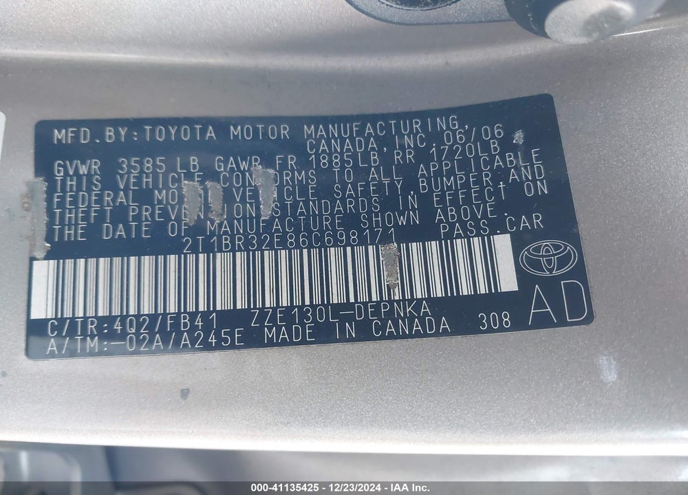 2006 TOYOTA COROLLA LE VIN: 2T1BR32E86C698171