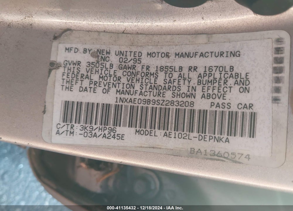 1995 TOYOTA COROLLA LE/DX VIN: 1NXAE09B9SZ283208
