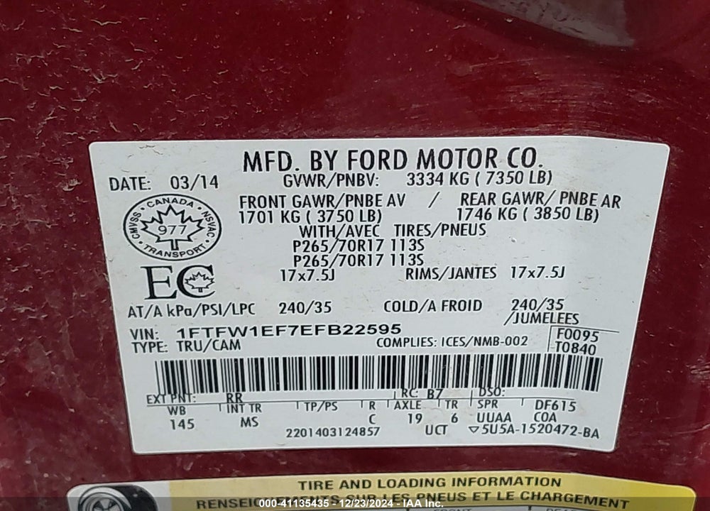 2014 FORD F-150 XLT VIN: 1FTFW1EF7EFB22595