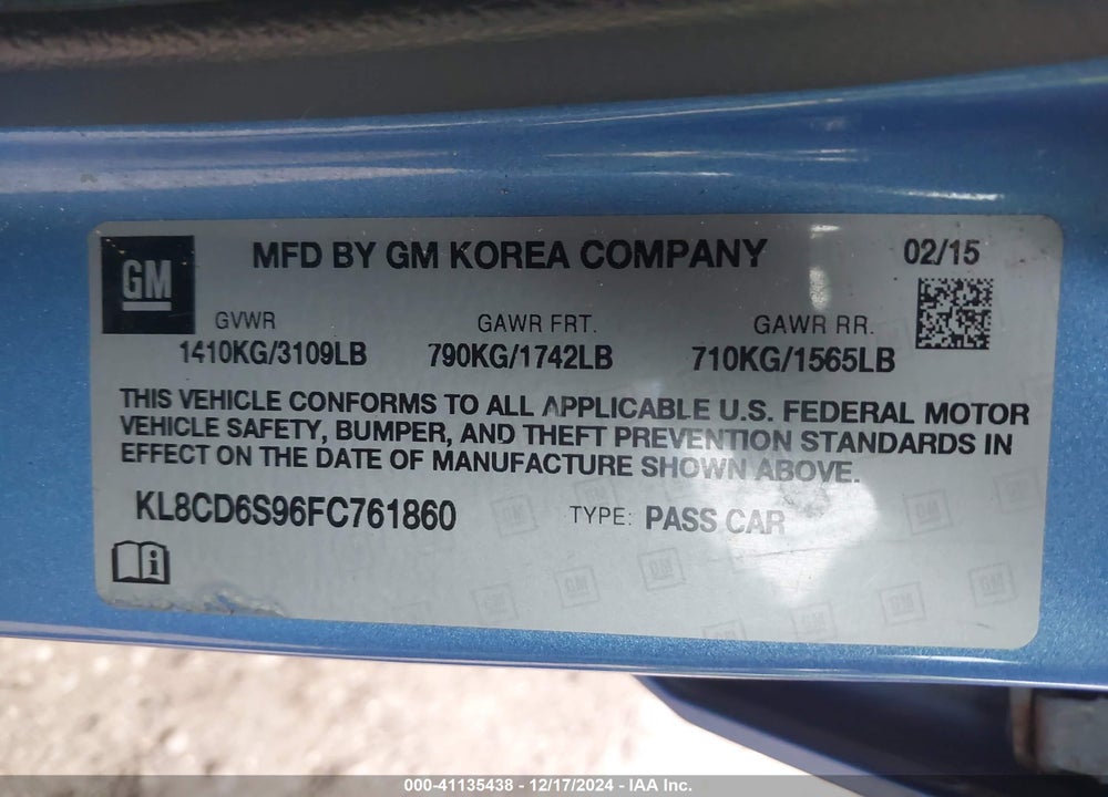 2015 CHEVROLET SPARK 1LT CVT VIN: KL8CD6S96FC761860