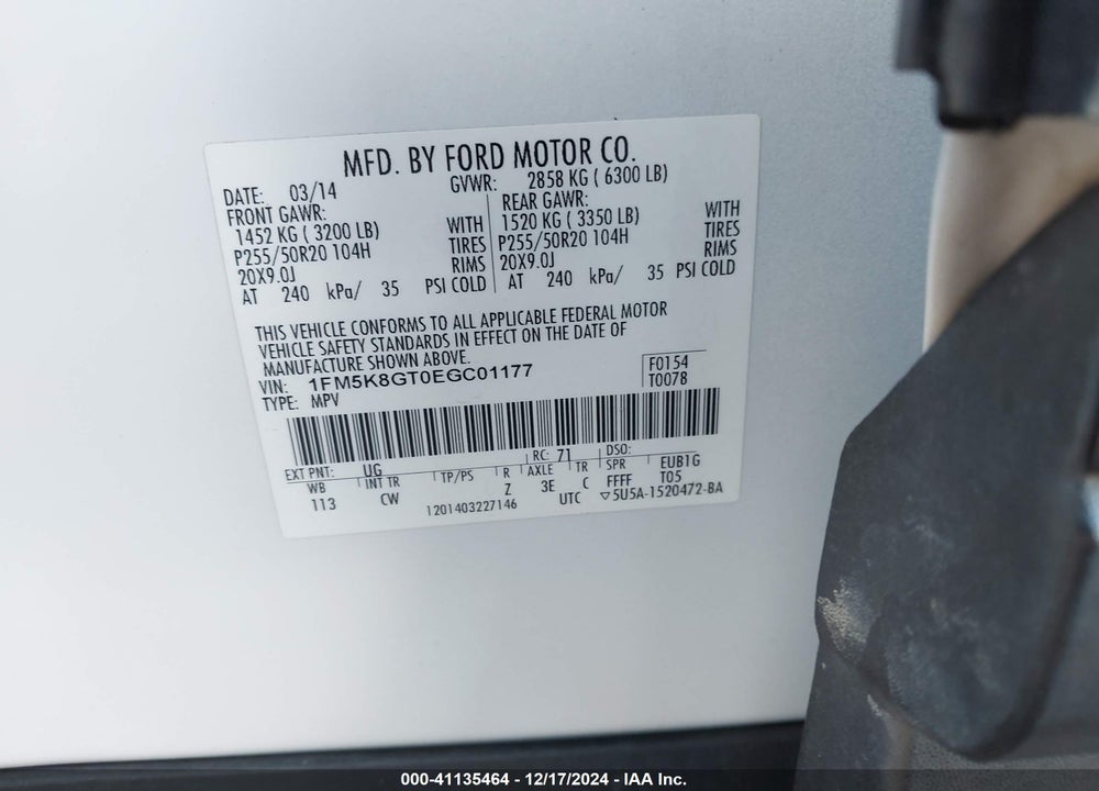 2014 FORD EXPLORER SPORT VIN: 1FM5K8GT0EGC01177