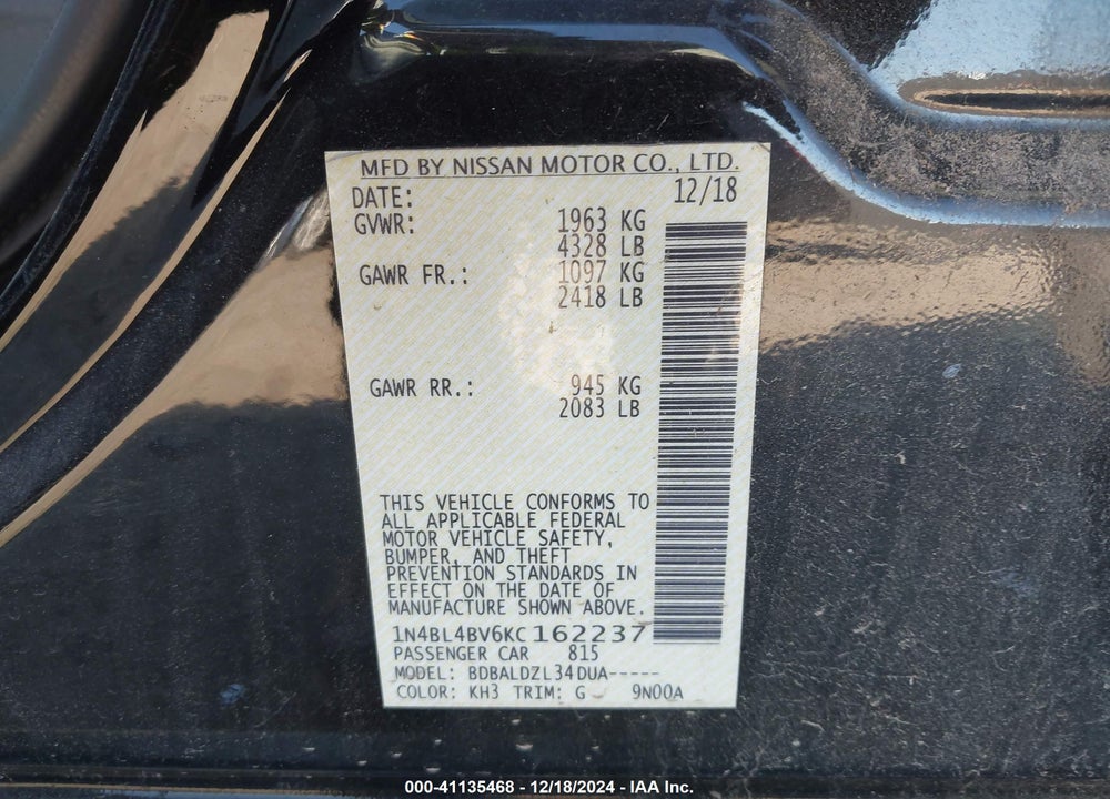 2019 NISSAN ALTIMA VIN: 1N4BL4BV6KC162237