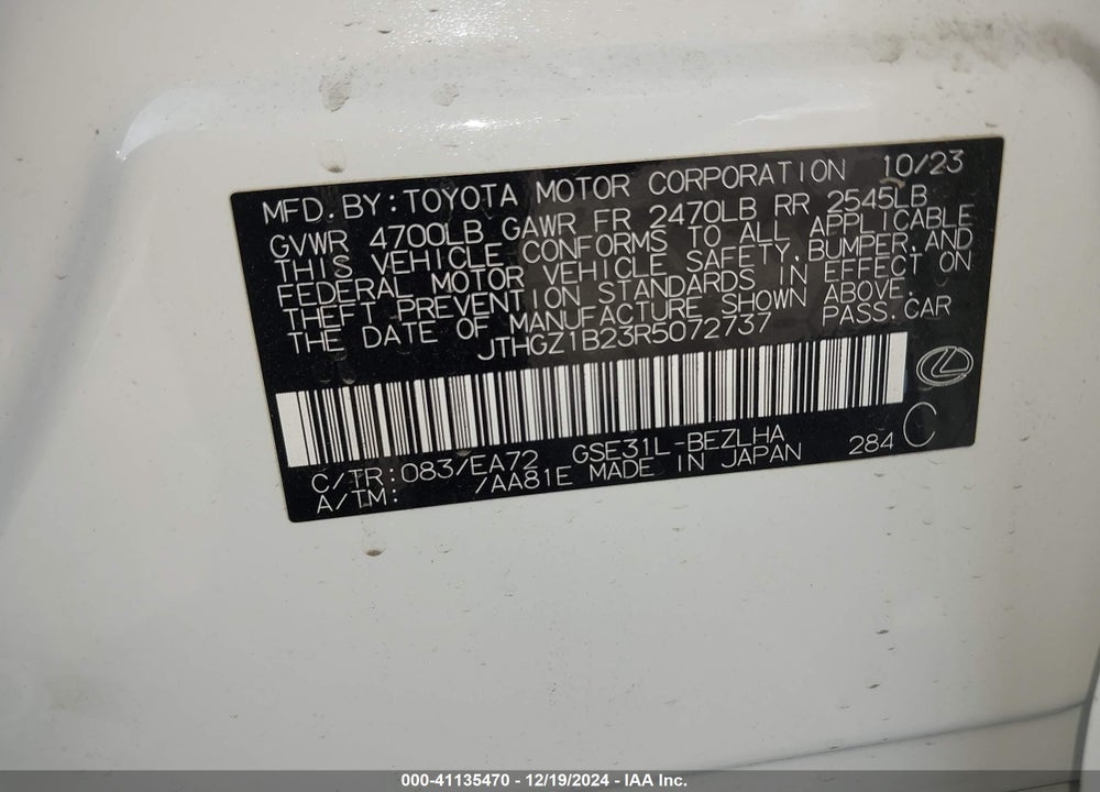 2024 LEXUS IS 350 F-SPORT VIN: JTHGZ1B23R5072737