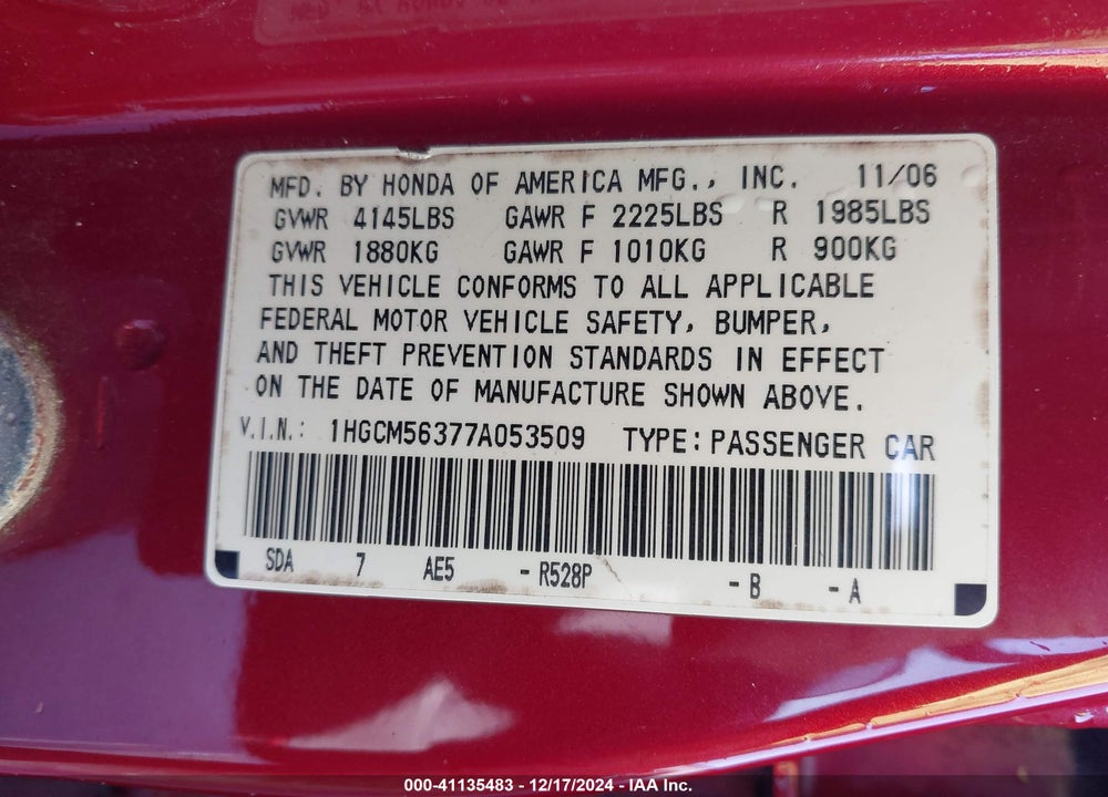 2007 HONDA ACCORD 2.4 SE VIN: 1HGCM56377A053509