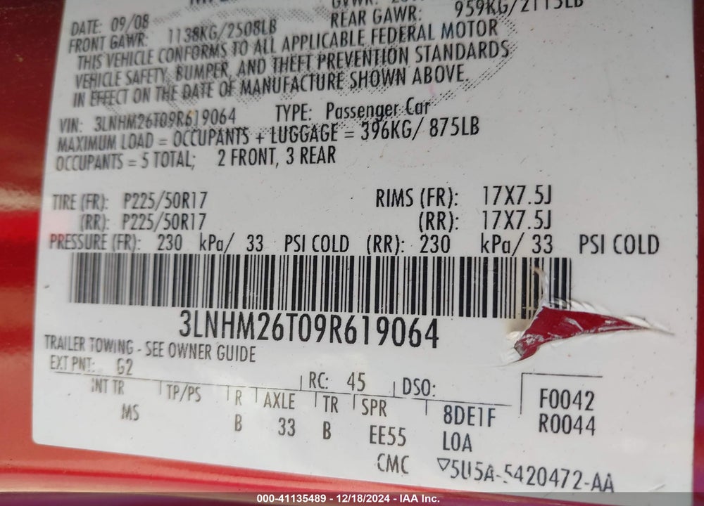 2009 LINCOLN MKZ VIN: 3LNHM26T09R619064