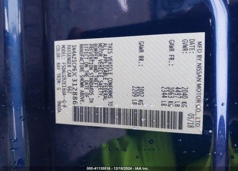 2018 NISSAN LEAF SL VIN: 1N4AZ1CP6JC312886