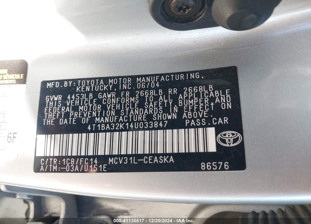 2004 TOYOTA CAMRY SE V6 VIN: 4T1BA32K14U033847