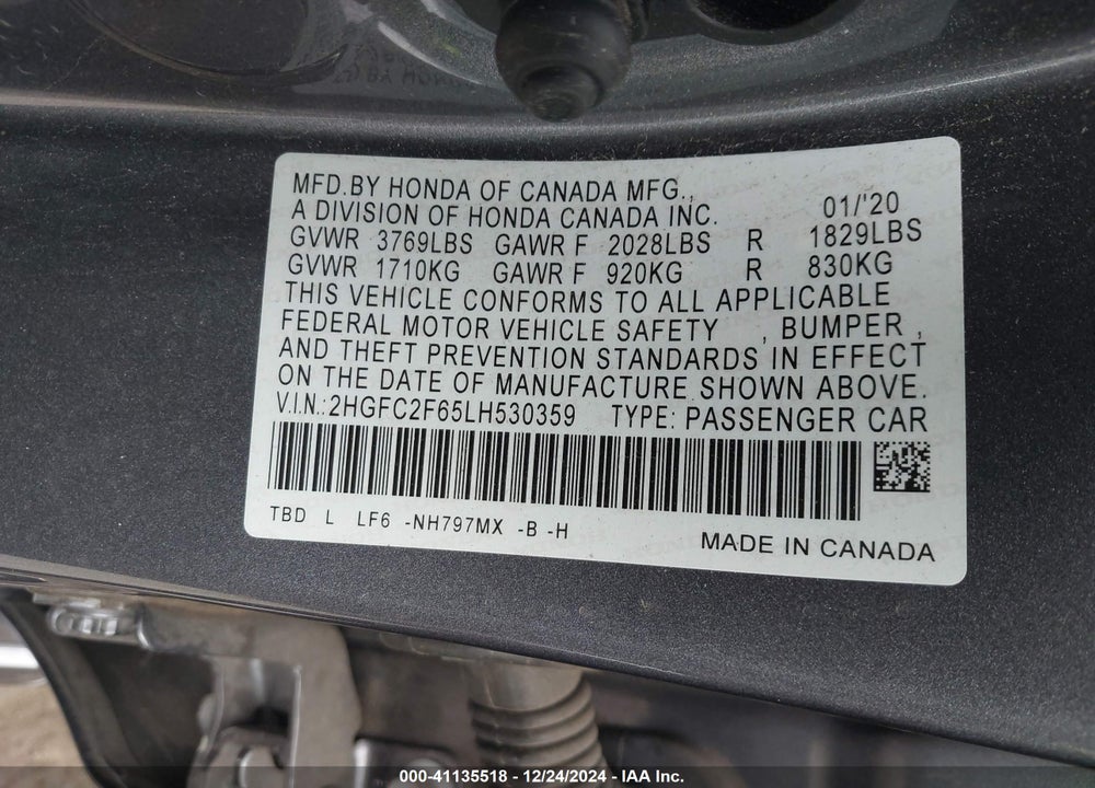 2020 HONDA CIVIC LX VIN: 2HGFC2F65LH530359