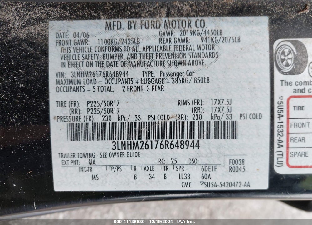2006 LINCOLN ZEPHYR VIN: 3LNHM26176R648944