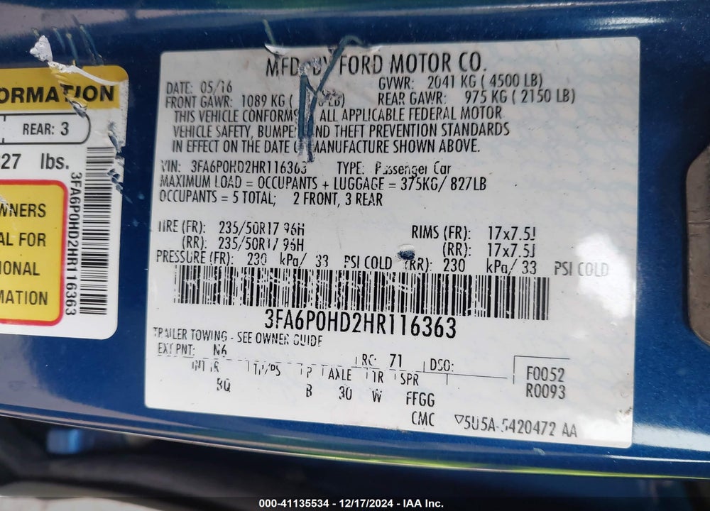 2017 FORD FUSION SE VIN: 3FA6P0HD2HR116363