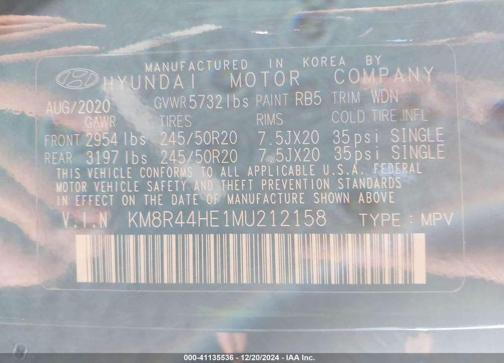 2021 HYUNDAI PALISADE SEL VIN: KM8R44HE1MU212158