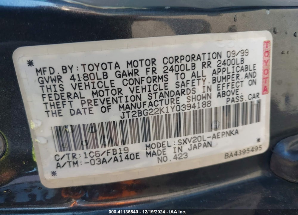 2000 TOYOTA CAMRY LE VIN: JT2BG22K1Y0394188