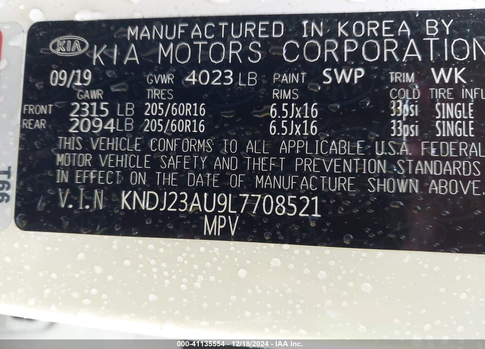 2020 KIA SOUL LX VIN: KNDJ23AU9L7708521